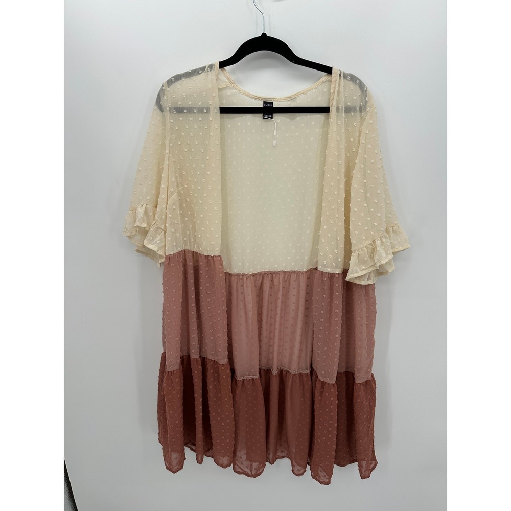 Emery Rose Womens Boho Open Cardigan 1XL Eyelet Tiered Sheer Pink Cream N16